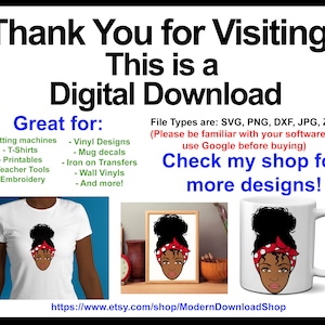 May include: Digital download of a design featuring a woman with a red and white bandana in her hair. The design is available in SVG, PNG, DXF, JPG, and ZIP file formats. The design is great for cutting machines, t-shirts, printables, teacher tools, embroidery, vinyl designs, mug decals, iron-on transfers, wall vinyls, and more.
