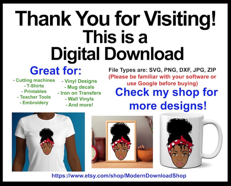 May include: Digital download of a design featuring a woman with a red and white bandana in her hair. The design is available in SVG, PNG, DXF, JPG, and ZIP file formats. The design is great for cutting machines, t-shirts, printables, teacher tools, embroidery, vinyl designs, mug decals, iron-on transfers, wall vinyls, and more.
