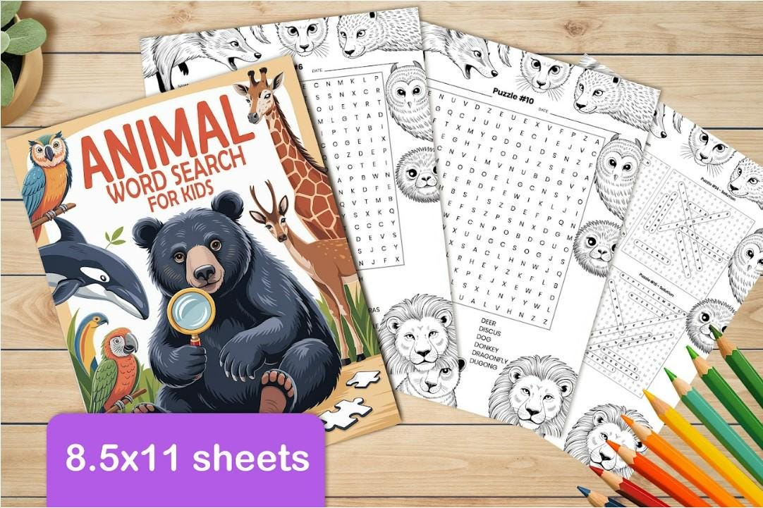 Animal Word Search Puzzle, Printable Puzzles for Kids, Digital Download ...
