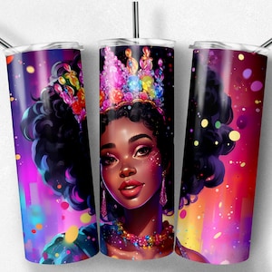 S2 Black African American Princess in Rainbow Jewel Crown Tumbler Wrap 20 oz Skinny Tumbler Sublimation Designs - Instant PNG JPG Download