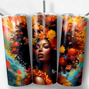 Floral Afro Woman Tumbler Wrap: 20 oz Skinny Sublimation Design (Digital PNG JPG Download)