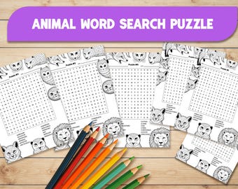 Animal Word Search Puzzle, Printable Puzzles for Kids, Digital Download