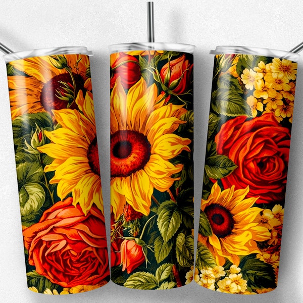 Boho Sunflower and Red Roses 20 oz Skinny Tumbler Sublimation Design Rustic Yellow Red Tumbler Wrap - Instant Digital PNG JPG Download