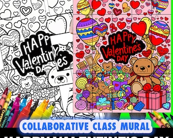 Happy Valentine's Day, Collaborative Group Mural, Project Resource, Coloring Pages, Instant Download