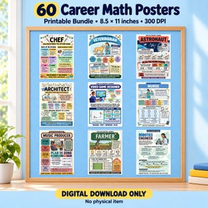 May include: A collection of 60 career math posters in a printable bundle, each measuring 8.5 x 11 inches. The display features nine educational posters highlighting math applications in professions like chef, veterinarian, astronaut, architect, video game designer, nurse, music producer, farmer, and robotics engineer.