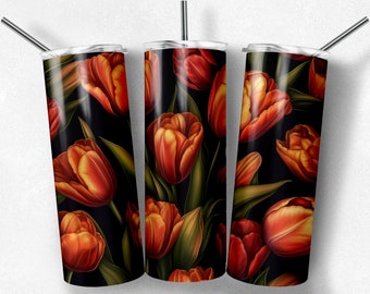 Red Orange Tulips Floral Tumbler Wrap 20 oz Seamless Skinny Realistic Tumbler Sublimation Designs - Instant Digital PNG JPG Download