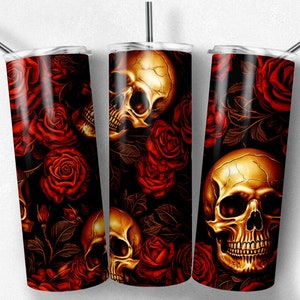 Skulls and Roses Tumbler Sublimation Design: Red & Gold Wrap (Digital Download)
