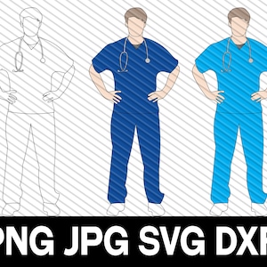 May include: Three illustrations of a person wearing scrubs. The first illustration is in black and white, the second is in blue, and the third is in light blue.