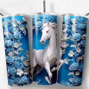 3D White Horse Blue Flowers 20 oz Skinny Tumbler Sublimation Design Straight and Tapered Tumbler Wrap - Instant Digital PNG JPG Download