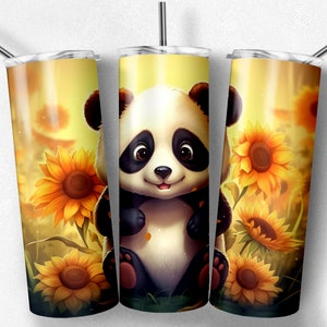 Cute Baby Panda with Sunflowers Tumbler Wrap 20 oz Vaso flaco sin costuras Lindos diseños de sublimación - Descarga digital PNG JPG