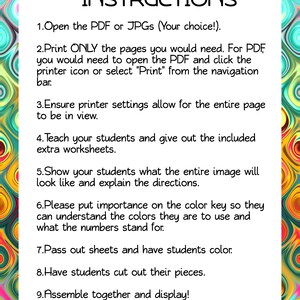 Op de afbeelding: Een set instructies voor een knutselproject. De instructies zijn geschreven in zwarte tekst op een witte achtergrond. De achtergrond is een kleurrijk abstract ontwerp met swirls in roze, geel, oranje en blauw.