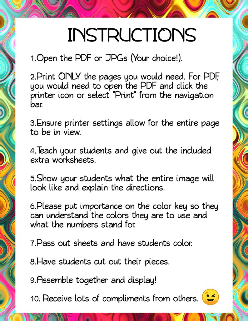 Op de afbeelding: Een set instructies voor een knutselproject. De instructies zijn geschreven in zwarte tekst op een witte achtergrond. De achtergrond is een kleurrijk abstract ontwerp met swirls in roze, geel, oranje en blauw.