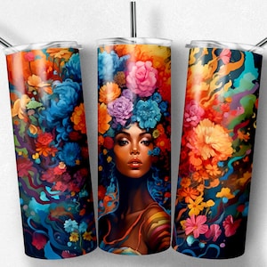 Floral Afro Queen Tumbler Wrap: 20 oz Skinny Sublimation Design (Digital PNG JPG Download)