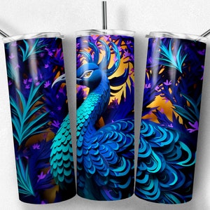 3D Blue Peacock 20 oz Skinny Tumbler Bioluminescent Sublimation Design Straight and Tapered Tumbler Wrap - Instant Digital PNG JPG Download