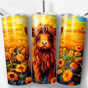 Highland Cow Sunflower Field Tumbler Wrap: Western Sublimation Design (Digital PNG JPG Download)