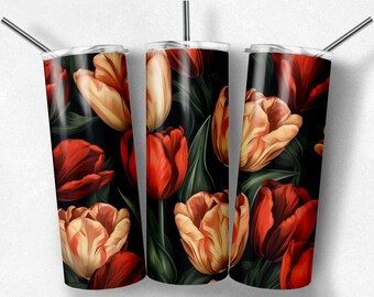 Rot Rosa Tulpen Floral Tumbler Wrap 20 oz nahtlose dünn realistische Tumbler Sublimation Designs - sofortiger digitaler PNG JPG Download