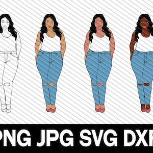 Thick Woman in Ripped Jeans, SVG, DXF, cut file, Natural Hair, Melanin, African Art, Latina
