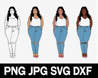 Thick Woman in Ripped Jeans, SVG, DXF, cut file, Natural Hair, Melanin, African Art, Latina