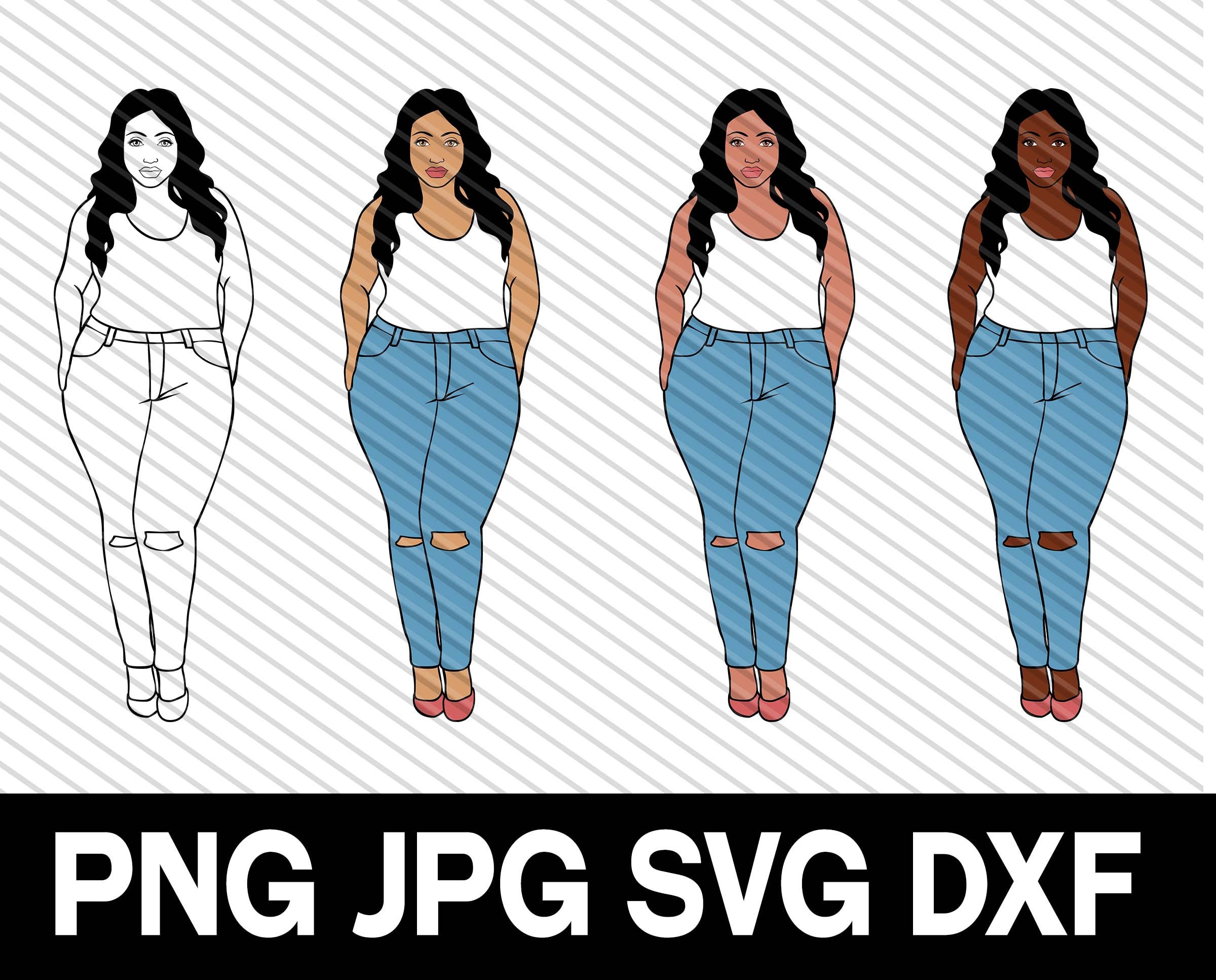 Download Thick Woman In Ripped Jeans Svg Dxf Cut File Natural Hair Etsy