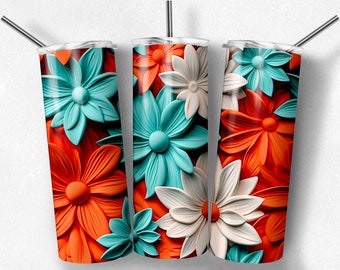 Floral Tumbler Wrap: 3D Turquoise Orange Daisies (Digital PNG JPG Download)