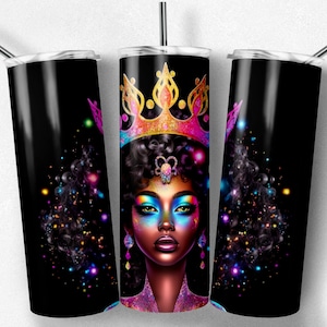Afro Black African American Princess in Rainbow Crown Tumbler Wrap 20 oz Skinny Tumbler Sublimation Designs - Instant PNG JPG Download