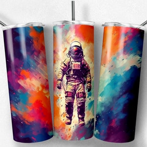 Rainbow Astronaut 20 oz Skinny Tumbler Sublimation Design Straight and Tapered Space Tumbler Wrap - Instant Digital PNG JPG Download