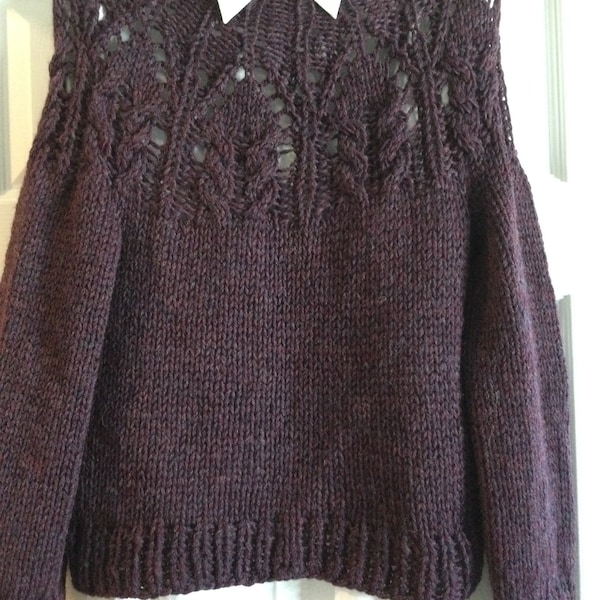 Hand knit woman’s sweater pullover jumper petite size small. Purple heather wool yarn.   free shipping