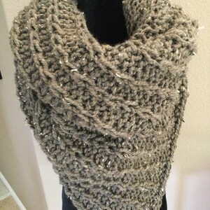 Hand Knit Wool Blend Shoulder Wrap Scarf: Oversized Brown Triangle Shawl