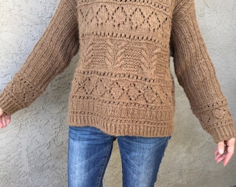Hand-Knit Wool & Silk Sweater: Chocolate Brown Cable Knit, Size Small