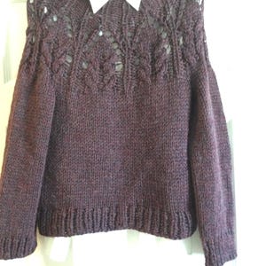 Hand Knit Wool Sweater: Purple Heathered Lace Yoke, Petite XS