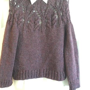 Hand Knit Wool Sweater: Purple Heathered Lace Yoke, Petite XS