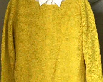 Hand Knit Wool Sweater: Bright Yellow Jumper, Size Small
