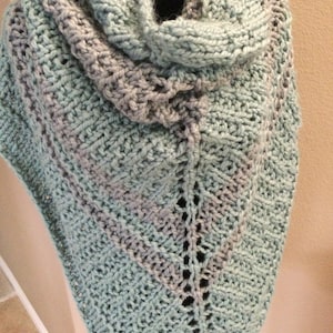 Hand Knit Bulky Wool Shoulder Wrap Scarf: Seafoam Green Tassel Shawl