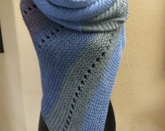 Hand Knit Wool Triangle Scarf: Blue Tones, Asymmetrical Shawl (Made in USA)