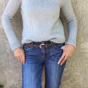 Hand-knit woman’s sweater pullover jumper in size small, light gray blue.  Merino silk mohair. One of  a kind sweater, Free shipping