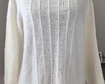 Hand Knit Wool Sweater: White Pullover Jumper, Size Small