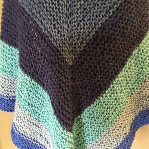 Hand Knit Shoulder Wrap: Blue Tones Wool Blend Scarf Shawl