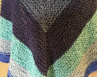 Hand Knit Shoulder Wrap: Blue Tones Wool Blend Scarf Shawl
