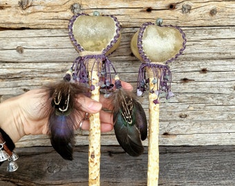 Ukrainian musical instrument. Shamanic rattle. Amethyst crystal & leather maracas. Spiritual journey. Meditation helper. Ceremonial tool