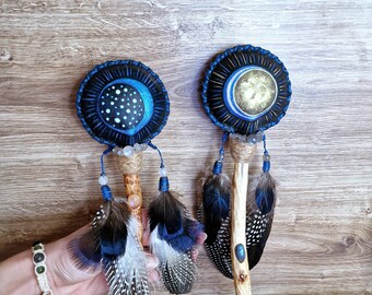 Lunar (moon) phases shamanic rattle.Labradorite leather maracas.Spiritual journey instrument.Meditation helper.Healing sound.Ceremonial tool