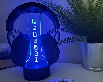 Support pour casque personnalisé, cadeau gamer, veilleuse 3D, amateur de jeux vidéo, enseigne lumineuse Gamertag personnalisée, support de casque Streamer personnalisé