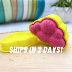 May include: Two cloud-shaped objects. One is a bright yellow cookie cutter, and the other is a pink cloud-shaped object with a yellow border. The pink cloud has a textured surface. The text "SHIPS IN 2 DAYS!" is visible.