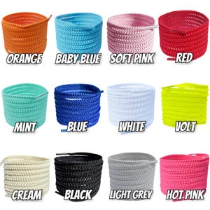 May include: A collection of colorful shoelaces in various shades, including orange, baby blue, soft pink, and red. Other colors include mint, blue, white, volt, cream, black, light grey, and hot pink. Each color is labeled with its name in a bold, white font.