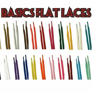 Peut inclure: Une variété de lacets plats de différentes couleurs, notamment noir, blanc, rouge, bleu, vert, jaune, orange et violet. Les lacets sont disposés en deux rangées, chaque rangée contenant 10 lacets. Le texte "BASICS FLAT LACES" est affiché au-dessus des lacets.