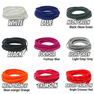 May include: A collection of shoelaces in various colors, including white, blue, neon green, black, fuchsia, light gray, neon orange, crimson, and bright crimson. Each set is neatly coiled, with the color name displayed below.