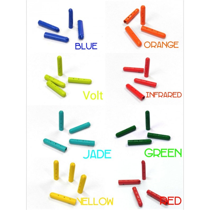 May include: Assortment of colorful plastic cord end caps in various colors, including blue, orange, green, yellow, red, jade, volt, and infrared.