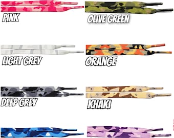Camouflage Flat Shoelaces- 7 Colours - Orange - Pink - Khaki - Navy - Deep Grey - Light Grey - Purple - Olive Green -