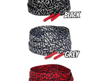 Elephant Print Flat Shoelaces w/ Metal Aglets Tips for Air AJ Jordan III 3 Black Cement White Cement / Grey OG / Red Cement