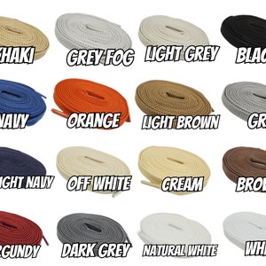May include: A selection of flat shoelaces in a range of colours: khaki, grey fog, light grey, black, navy, orange, light brown, grey, midnight navy, off white, cream, brown, burgundy, dark grey, natural white, and white. Each colour is labelled.