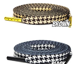 Houndstooth Check Print Flat Shoelaces with Metal Aglets - Black /white - Brown/Beige -